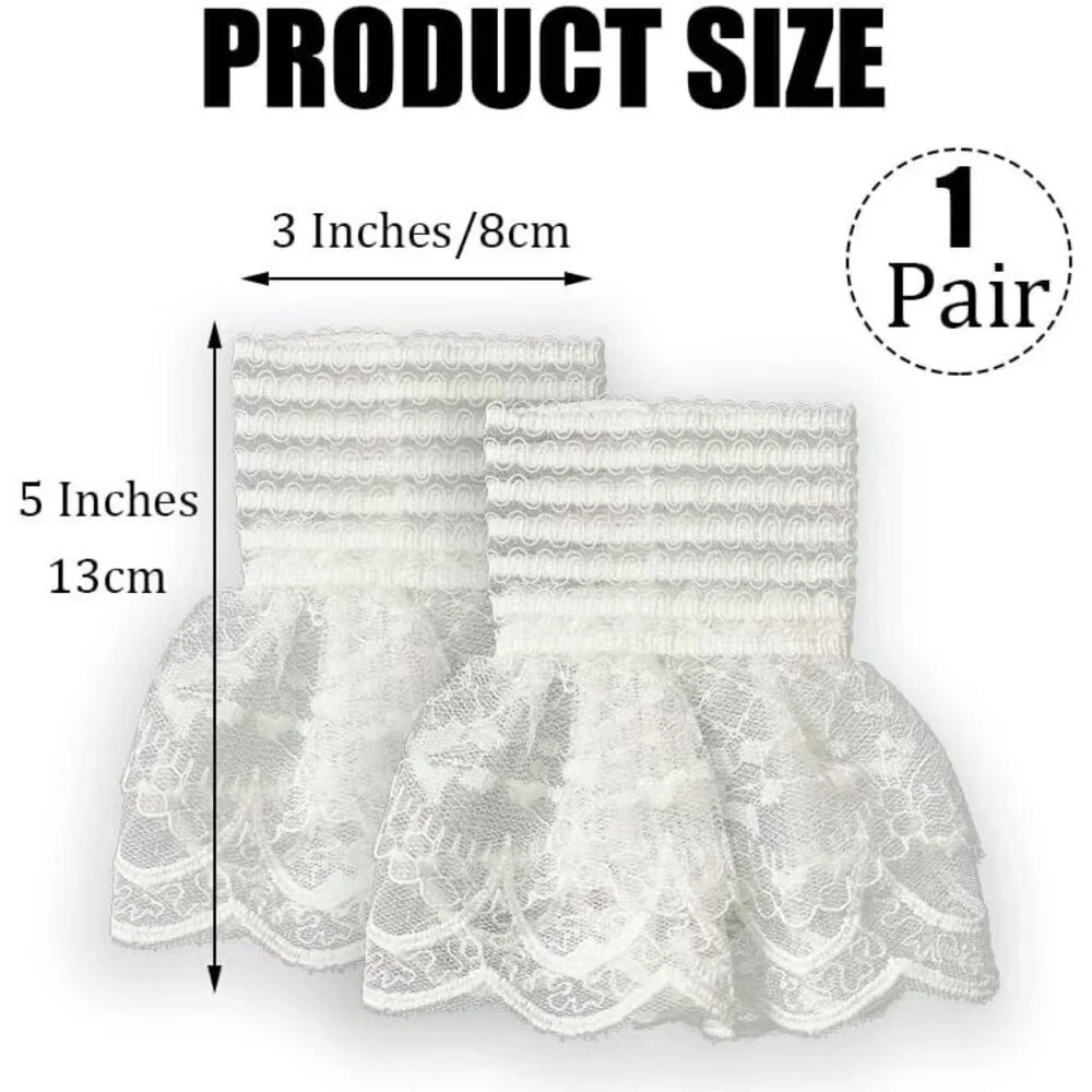 Women's White Detachable Floral Cuff Short Hand Sleeve Fingerless Ruffled Gloves